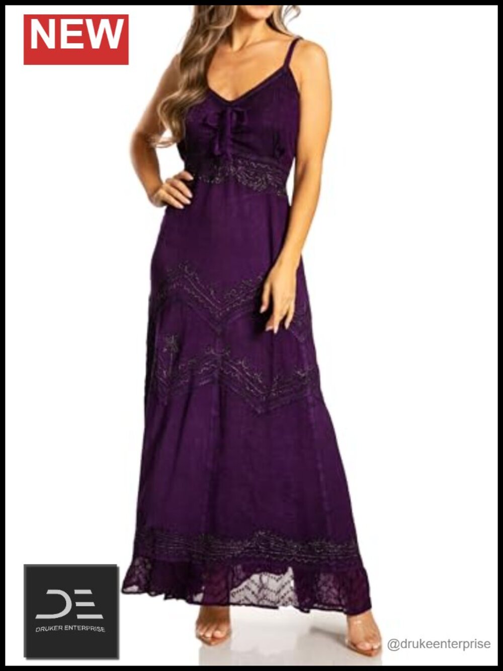 Stonewashed Rayon Embroidered Maxi Dress Adjustable Spaghetti Straps Boho